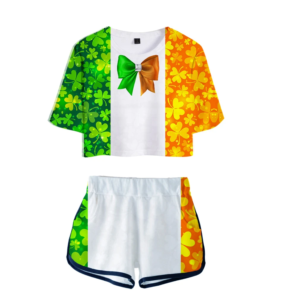 

Женский костюм-двойка с принтом на День Св. Патрика, Модный летний укороченный топ с коротким рукавом и шорты, Лидер продаж, уличная одежда