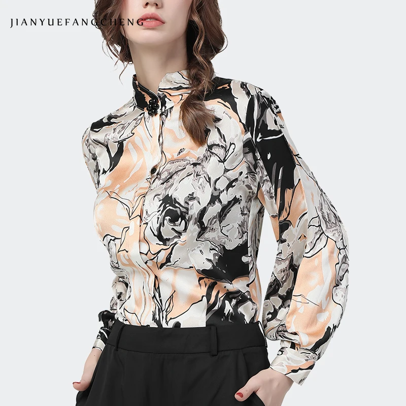 

New 2020 Spring Women Floral Satin Blouse Long Sleeve Stand Collar Top Pearls Beaded Elegant Fashion Korean Office Casual Shirt