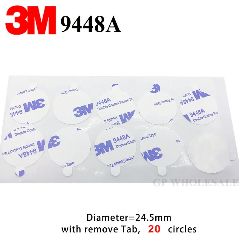 

20 circles Dot Diameter=24.5mm Round Circle with 3M 9448A Double Sided Sticky Pad Gasket for Envelop, Paper, with remove Tab