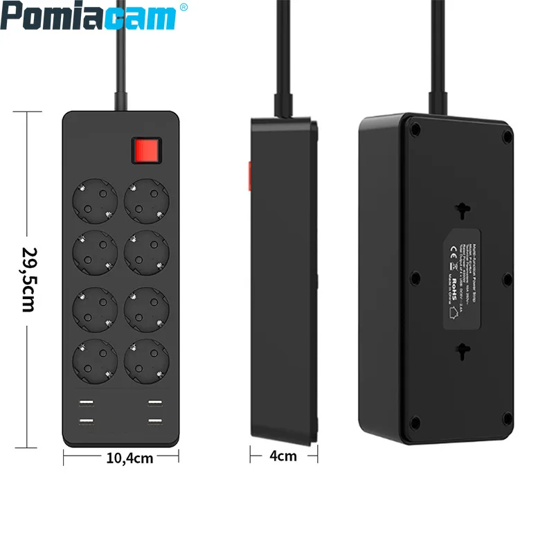 4USB Multifunction Black European 250V 10A 16A 1.5M 8 Jack German Russia Korea Power Strip EU Extension Outlet Switch Socket