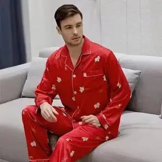 Red men Женские пижамные комплекты, мягкая Сексуальная Шелковая пижама с принтом, пижама с длинным рукавом, Пижамный костюм из 2 предметов, осенняя домашняя одежда для пар - Цвет: Red men