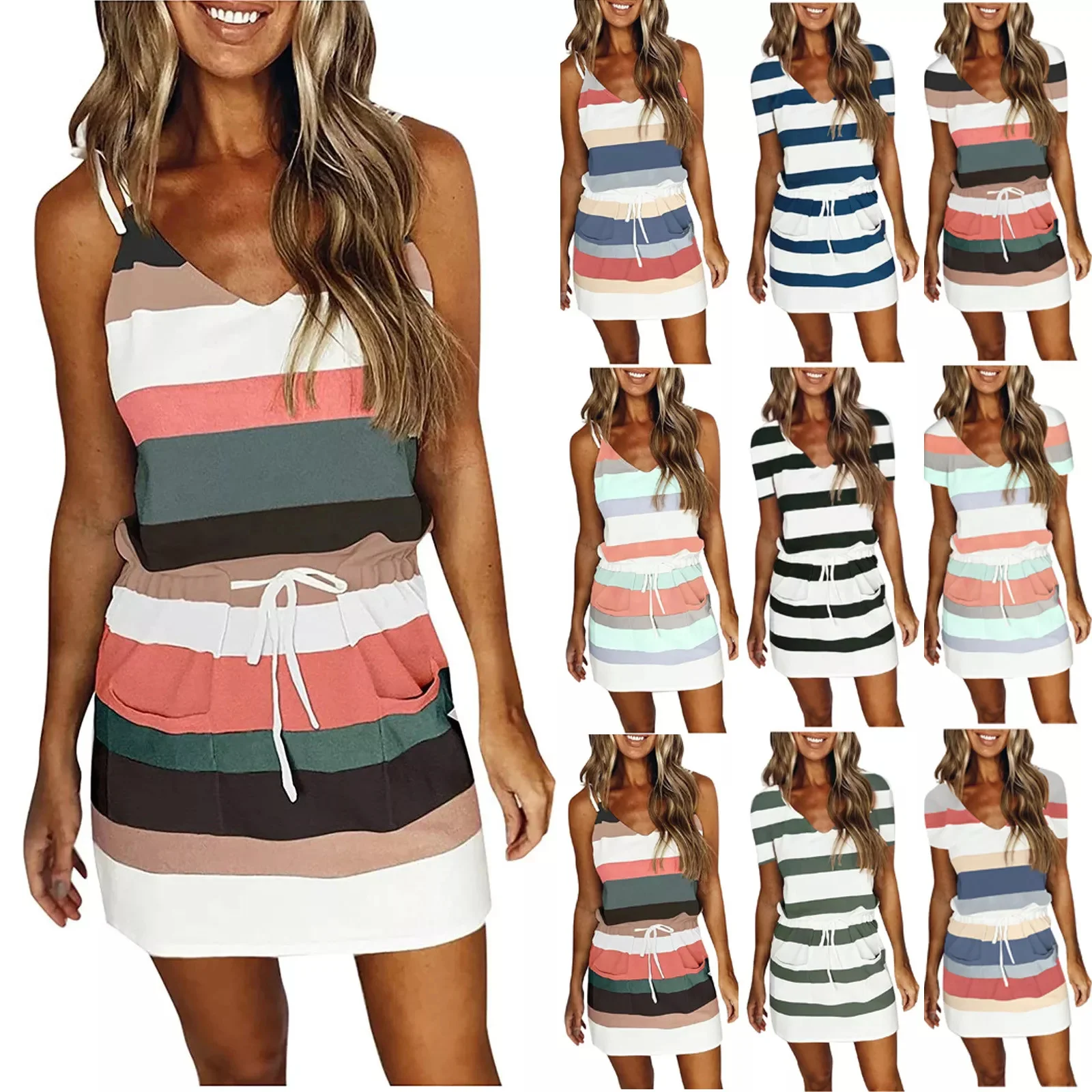 

Платье женское летнее с V-образным вырезом, повседневный свободный сарафан на бретельках, с принтом в полоску, без рукавов, 2019