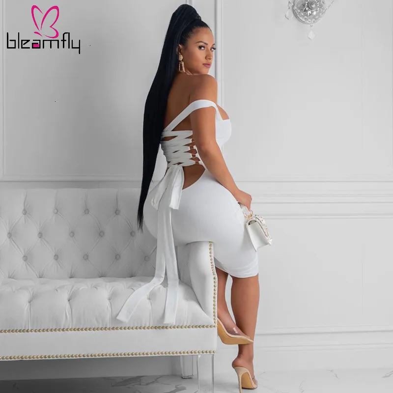 Сексуальное облегающее платье миди с открытыми плечами 2019 без бретелек