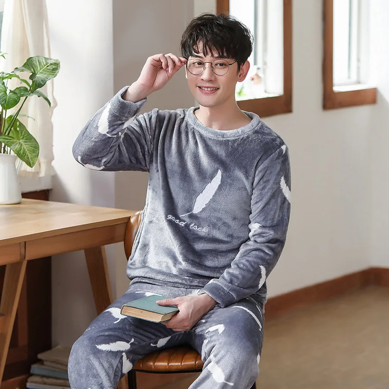 Мужской пижамный комплект на осень и зиму теплые фланелевые утолщенные Мужские