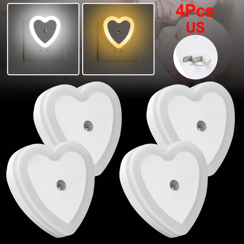 

4Pcs LED Heart-shaped Night Light Lamp Light Control for Living Room Toilet Bedroom Corridor Study Exhibition Hall US Plug Decor
