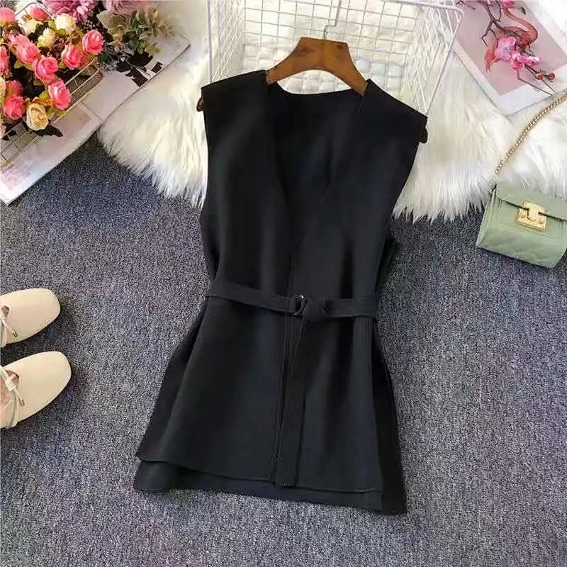 

2020 New Women Woolen Autumn Korean Plus size Sleeveless Jackets Ladies Fashion Belt Casual Waistcoat Female
