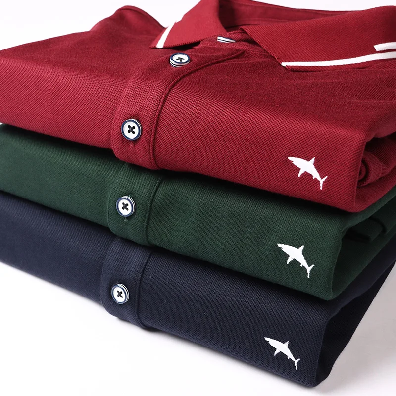 Рубашка поло с вышивкой акулы Мужская футболка длинным рукавом осенняя