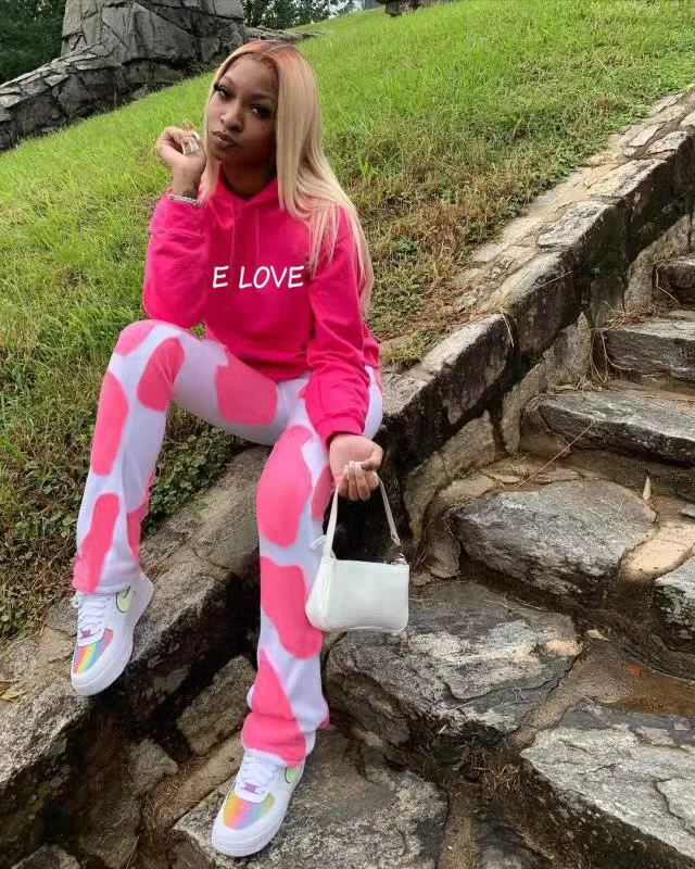 

Letter Print Two Piece Set Women Casual Sportswear Fitness Drawstring Long Sleeve Hooded Top + Pencil Pants Tracksuit Women