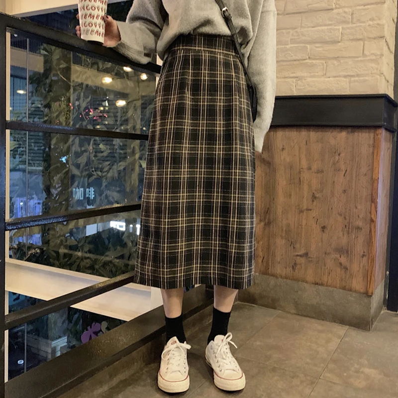 Боковая сплит плед гофрированные Длинные Юбки Высокая талия зимняя женская