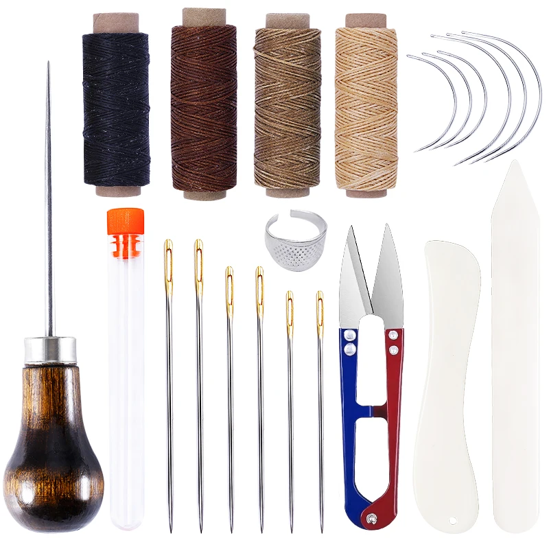 LMDZ 12Pcs Leather Craft Sewing Tools Kit Hand Stiching Waxed Thread Awl Needles Bone Folder for DIY Bookbinding Leather Working