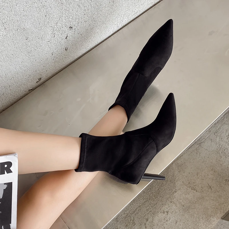 

Pointed Toe Women Ankle Boots Thick High Heels Black Stretch Boots Woman