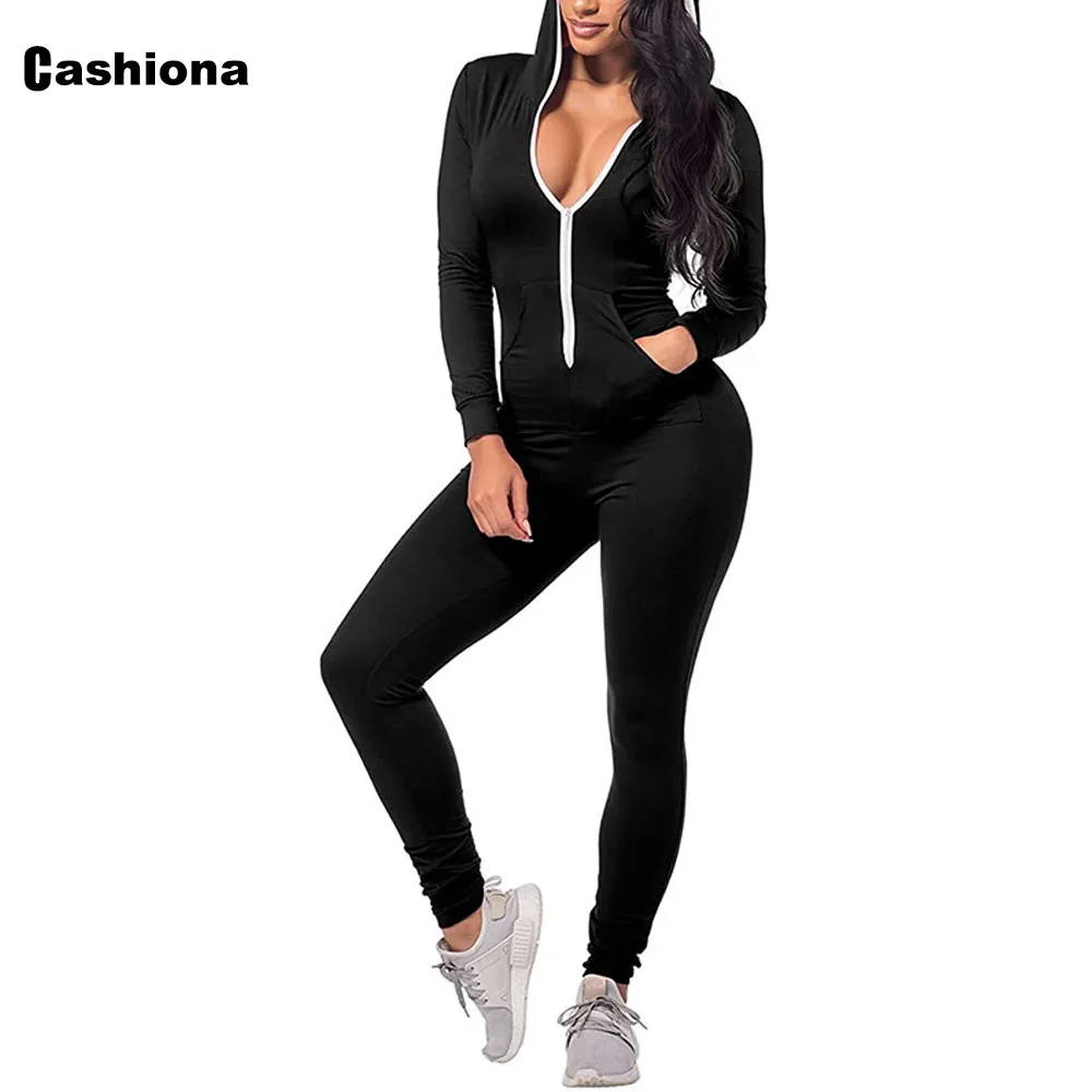 

Cashiona Plus size Women Skinny Overalls Hooded Jumpsuits Patchwork Zipper Sexy 2021 European and American style Trouser Romper