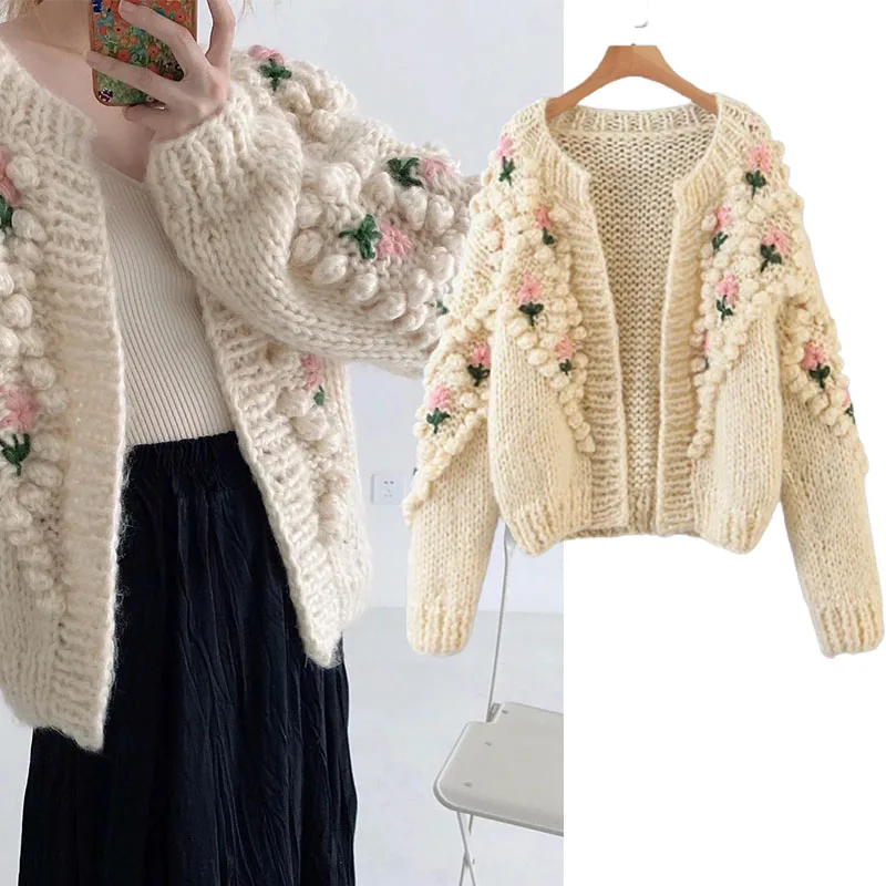

Za 2021 Women New Fashion Sweet Hand made Flowers Knitted Cardigan Sweater Vintage Long Sleeve Female Outerwear Chic Tops
