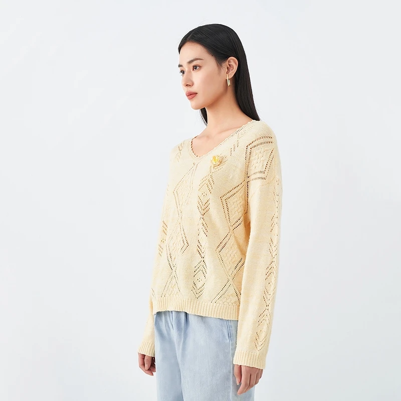 INMAN Women's Knitted Top Spring Autumn Sweet Elegant Three-dimensional Jacquard Beads Diamond Plaid Hollow Long Sleeve Sweater | Женская