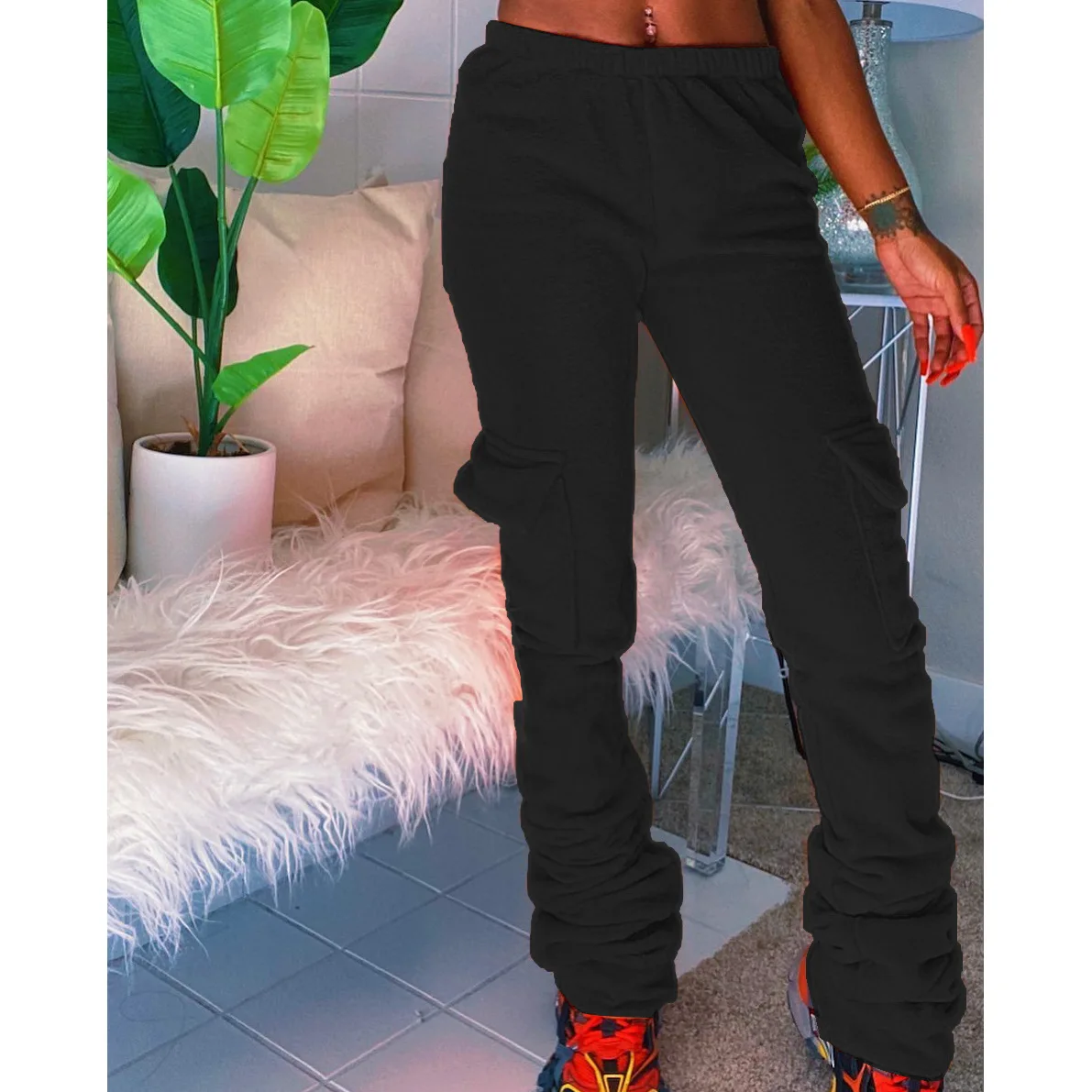 

Women Stacked Sweatpants High Waist Pocket Loose Pants Sporty Joggers Elastic Fall Bell Bottom Flare Trousers 2020 Winter Clothe