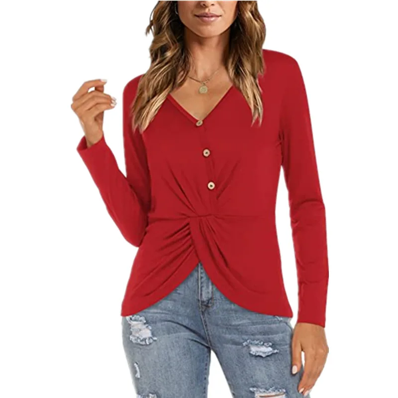 

CINESSD Single Breasted Solid Women Tee Shirts Sexy V Neck Long Sleeves Twist Knot Casual Tops 2022 Shirring Office Lady Tshirt