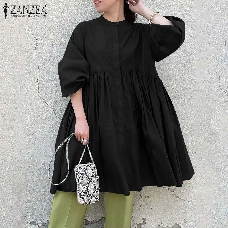 

2022 ZANZEA Fashion Women Long Sleeve A-line Blouse Autumn Casual Long Shirt Vestidos Solid Buttons Down Blusas Loose Work Tops