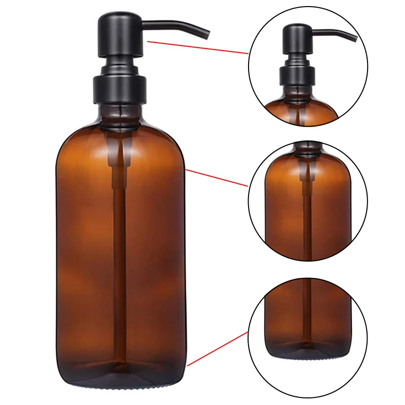 Dispensador de jab&oacute;n &aacute;mbar grueso, frasco de vidrio con etiquetas, bomba de acero inoxidable negro mate, botella de jab&oacute;n para loci&oacute;n de aceite esencial, 250/500ml-4