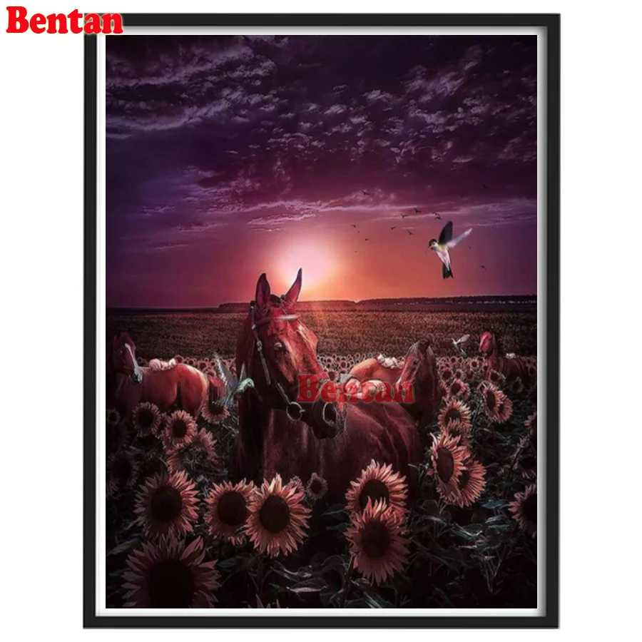 

5D Diy Diamond Painting Cross Stitch Sunflower & Horse Diamond Embroidery Needlework Diamond Kit Mosaic Pictures Of Rhinestones