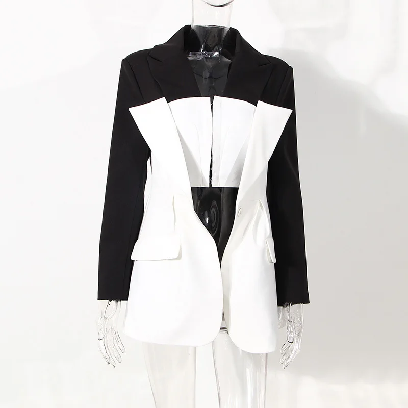 

DEAT Women Black White Color Contrast Blazer New Lapel Long Sleeve Loose Fit Jacket Fashion Tide Spring Autumn 2021 GX90601S