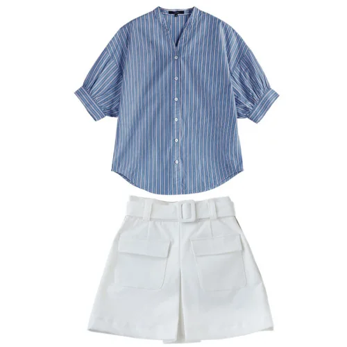 

Casual 2019 V Neck Pocket Two Piece Set Korean Brief Loose Women Clothes Single Breasted High Waist Striped Conjunto Feminino