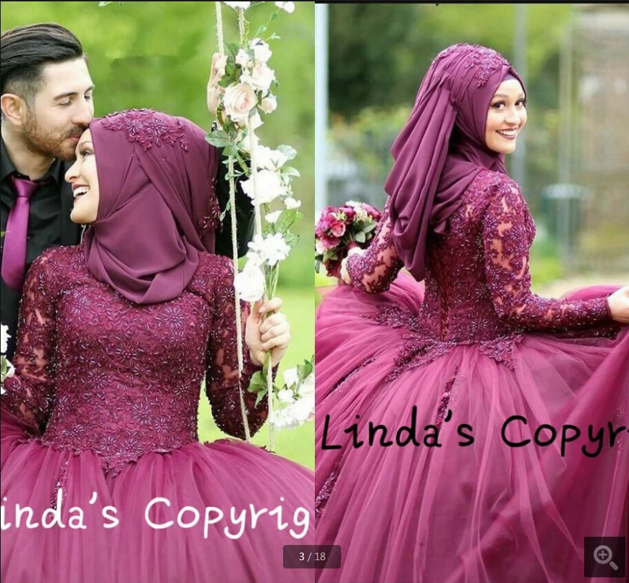 

Custom made ball gown long sleeve modest women prom dress muslim high neck appliques beaded puffy prom gowns sweet 16 prom dress