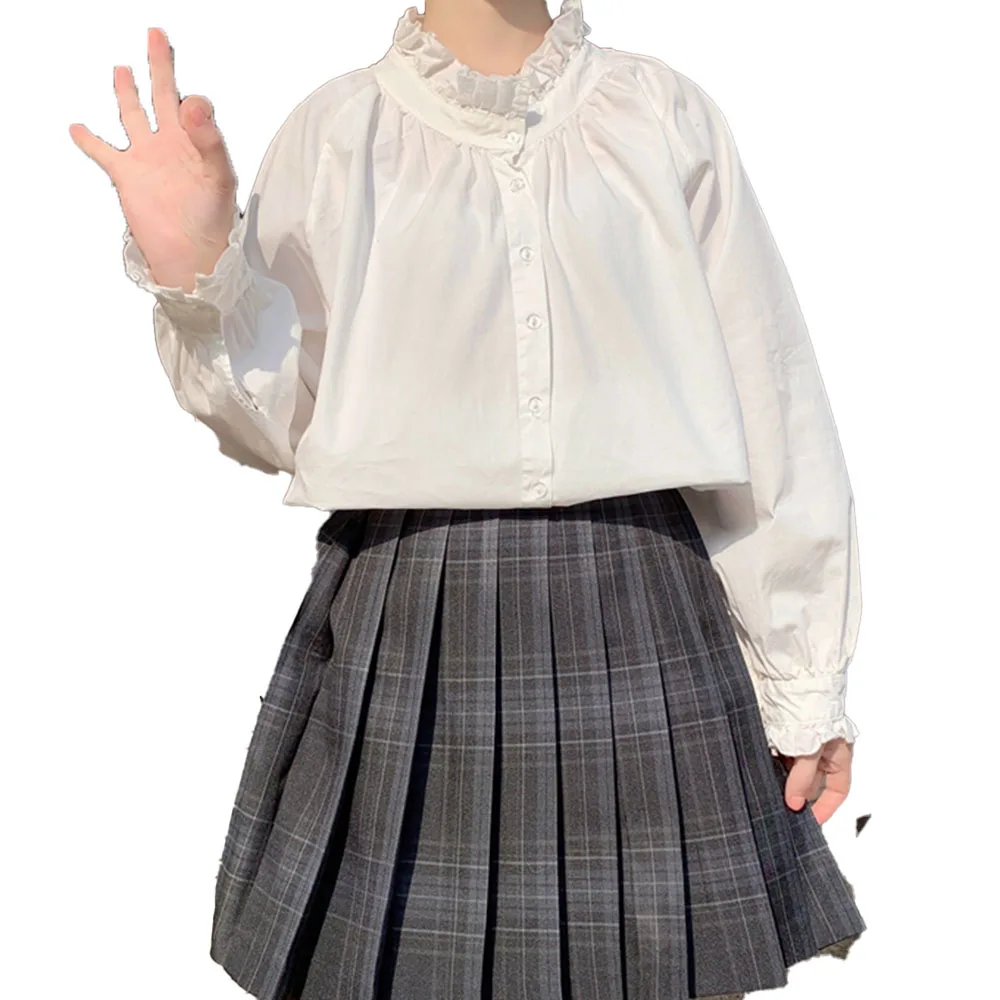 

Japan Style Blouse Spring Summer Korean Fashion Temperament Loose Casual Simple Single-breasted Lace Solid Color Long Sleeve