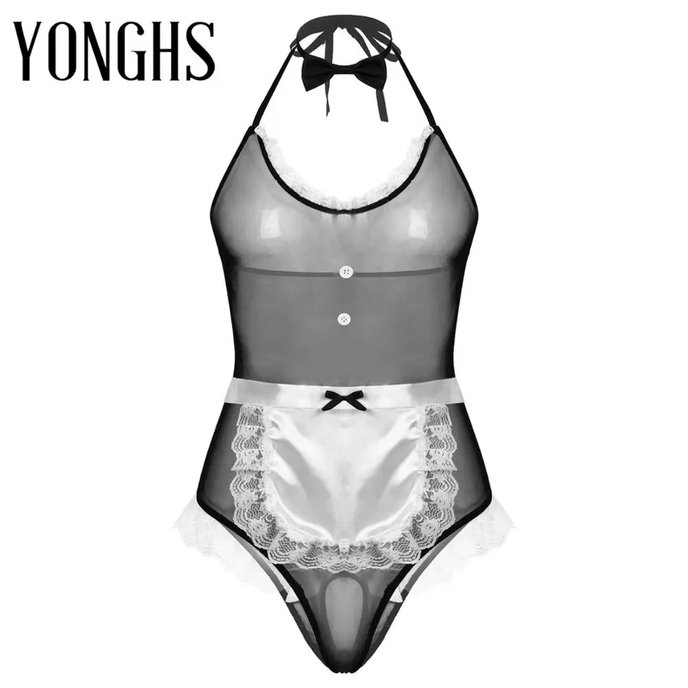 

Сексуальный эротический костюм горничной для косплея, кружевная отделка, боди с фартуком, галстуком-бабочкой, Сетчатое нижнее белье, костюм...