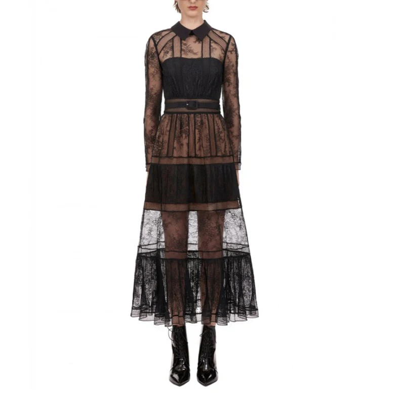 Женское кружевное платье-Автопортрет Черное вечернее платье миди с длинным