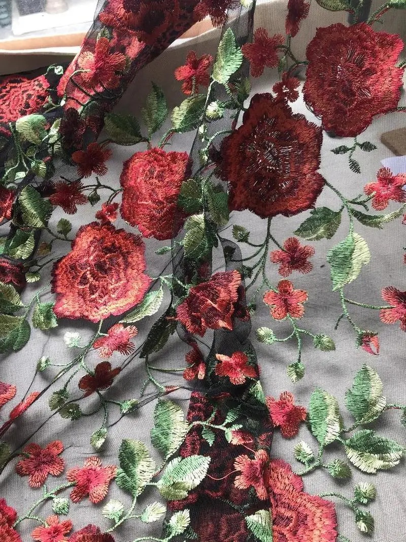 1 ярд винтажная кружевная ткань с вышивкой в виде цветов пиона и зеленых листьев