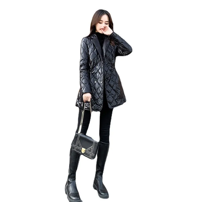 

Cotton Coat Women Autumn Winter Slim Drawstring Waist Lapel Mid-length Jacket Female Shiny Black Lightweight Warm Jackets JD1774