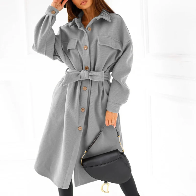 

Casaco de lã feminino, casaco longo de manga longa com botão casual, moda elegante e comprida com cinto para outono e inverno
