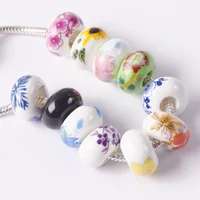 10pcs 15mm x 9mm round flower patterns ceramic porcelain big hole loose beads for jewelry european charms bracelet making diy