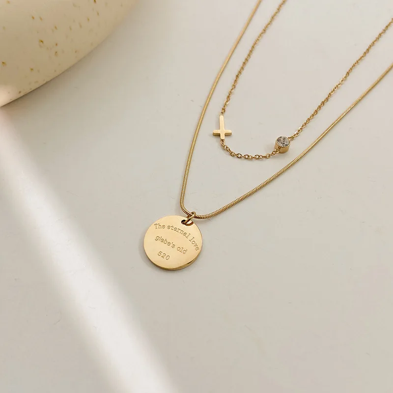 

Titanium Steel Gold Coin Pendant Crystal Cross 520 Necklace