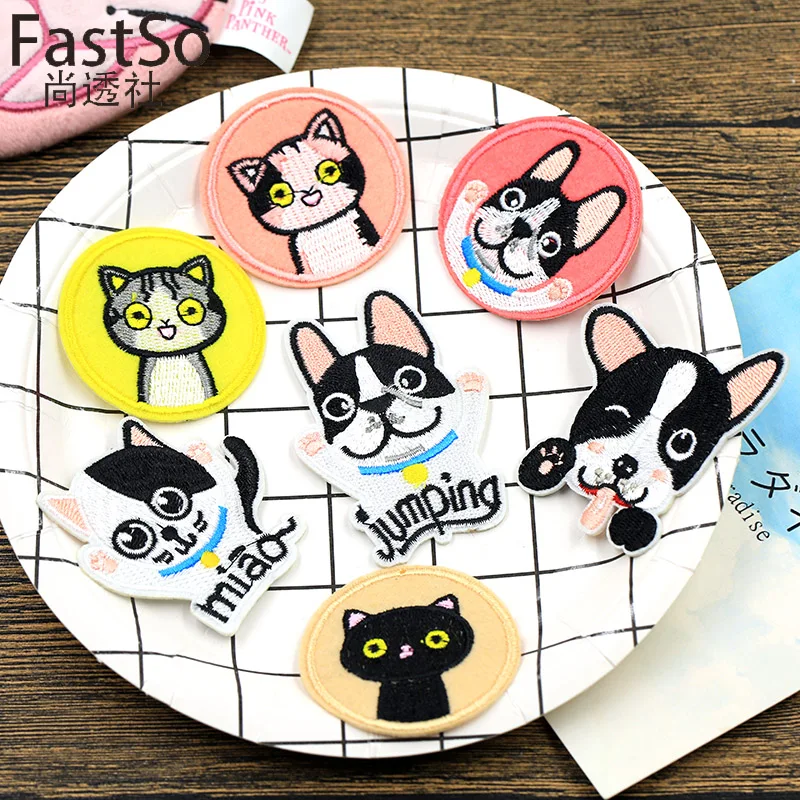 Round Puppy Kitten Patch Cartoon Cute Embroidered Animals Fabric Stickers Iron on Clothes Patches for Clothing Applique Badges | Дом и сад