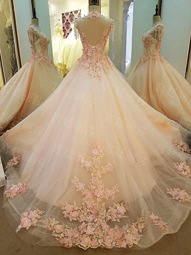 

Customize Luxurious Flower Crystal Lace Embroidery Wedding Party Gown Dress