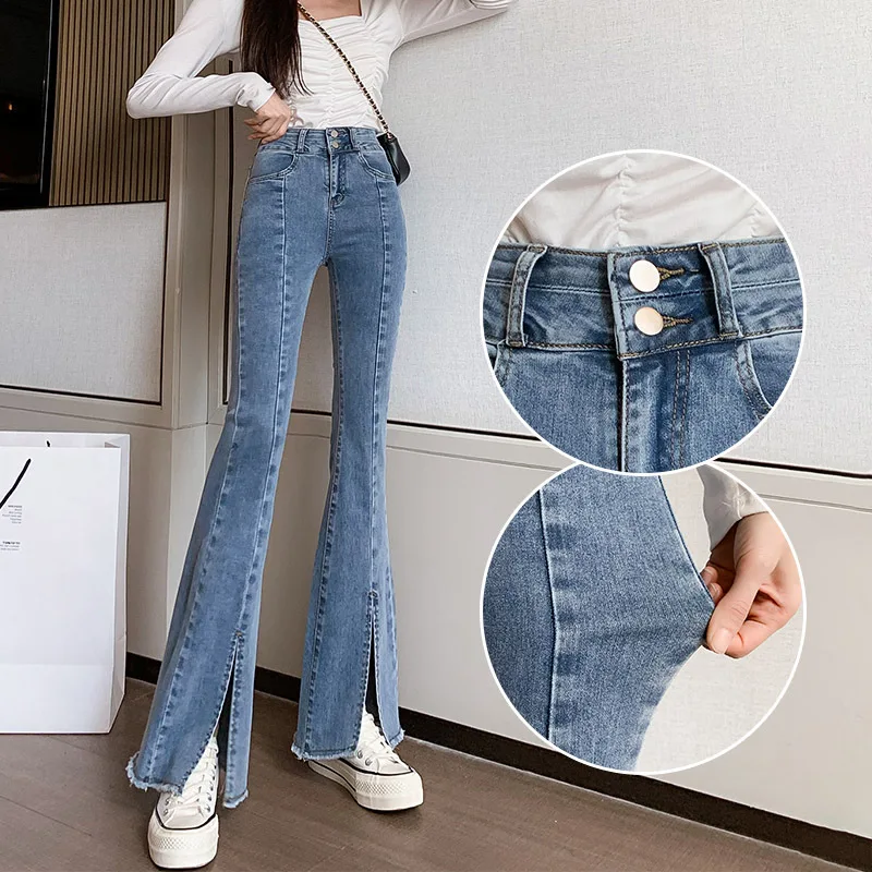 

High-waisted Double-button Jeans Women's Spring Model Elastic Slimming Long Legs Micro Flared Trousers Split Raw Edge Pants