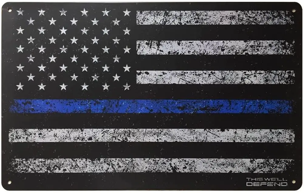 

Thin Blue Line Sign American Flag 10" x 16" Tin Metal Home Decor Man Cave Accessories Gifts for Men