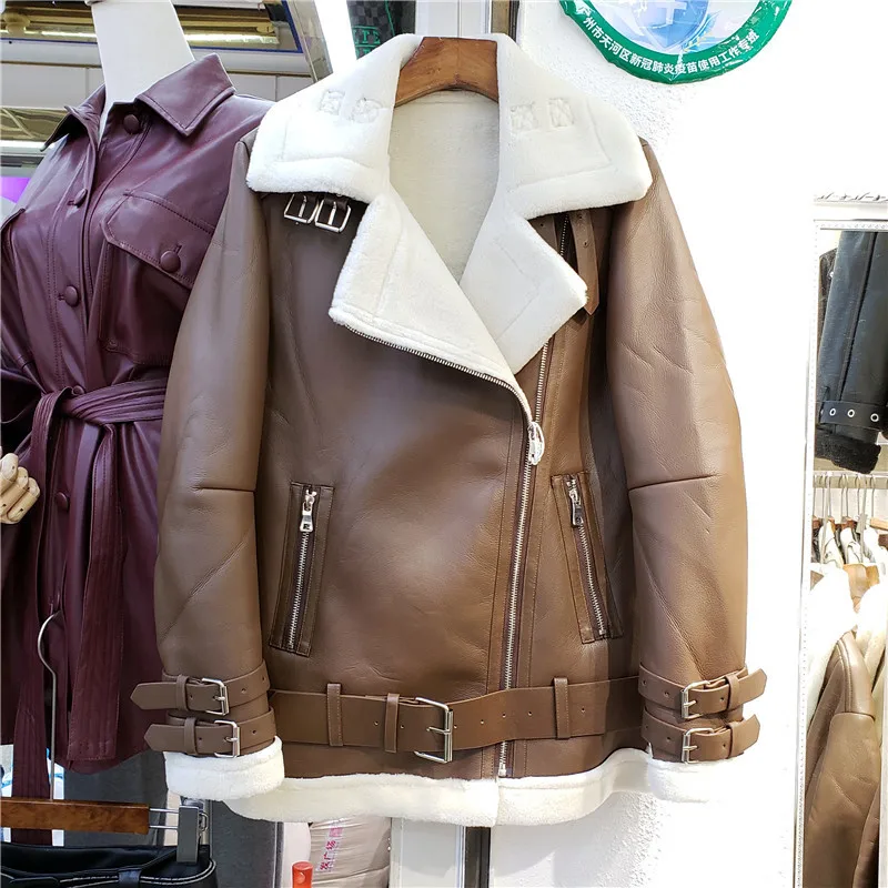 

Women Faux Leather Jacket 2021 Fall Winter Motorcycle Warm Fake Sheepskin Shearling Fur Coat Long Sleeve Casaco Feminino Inverno