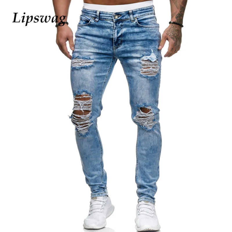 Джинсы мужские рваные зауженные Модные Винтажные брюки из денима повседневные