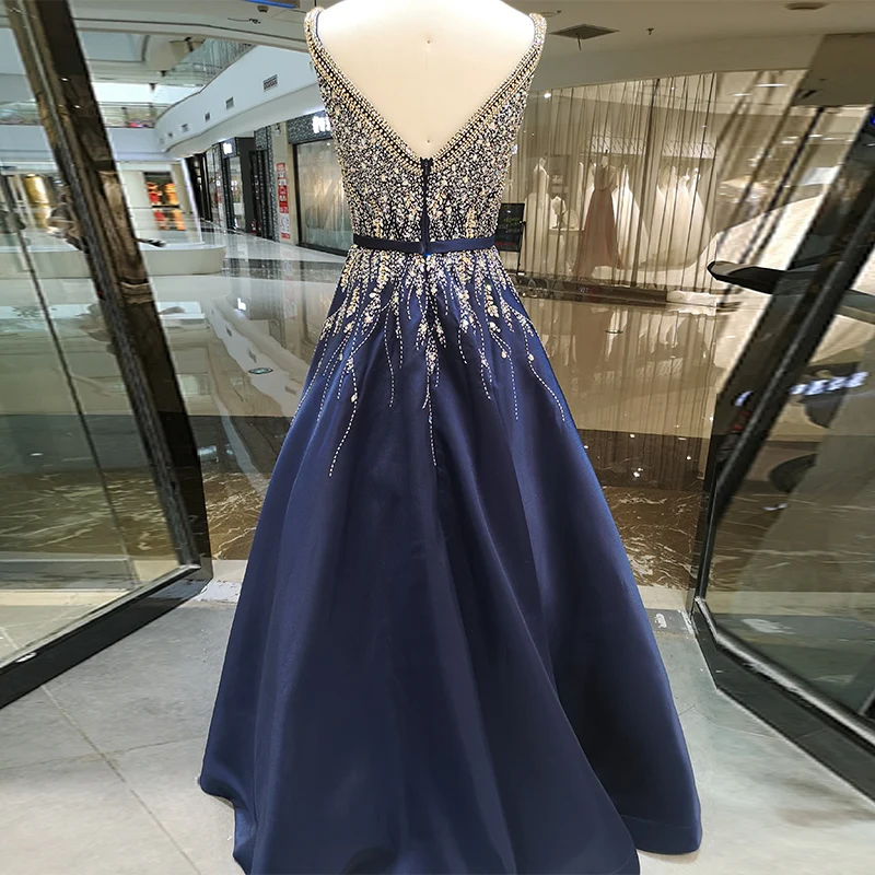 SSYFashion Новое высококачественное роскошное вечернее платье, для банкета благородное темно-синее с v-образным вырезом и блестками, Бисероплетение длинное вечернее платье Vestido De Noche