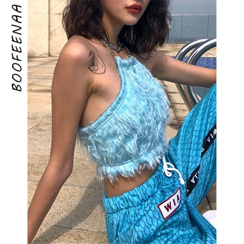BOOFEENAA, искусственный мех, пушистый Холтер, открытая спина, сексуальный укороченный топ, для женщин, Harajuku, милые топы, для фестиваля, Клубная одежда, осень-зима, C83AB21