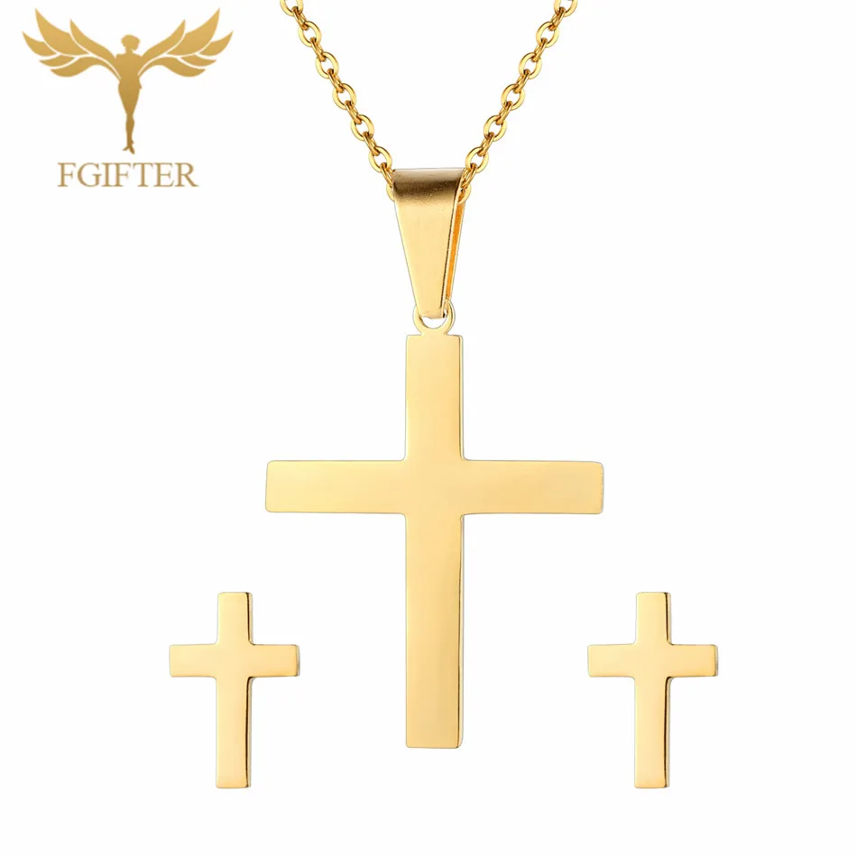 

Fashion Stainless Steel Set Golden Color Cross Stud Earrings Pendant Necklace Christian Jewelry Sets Jewelery Adornment