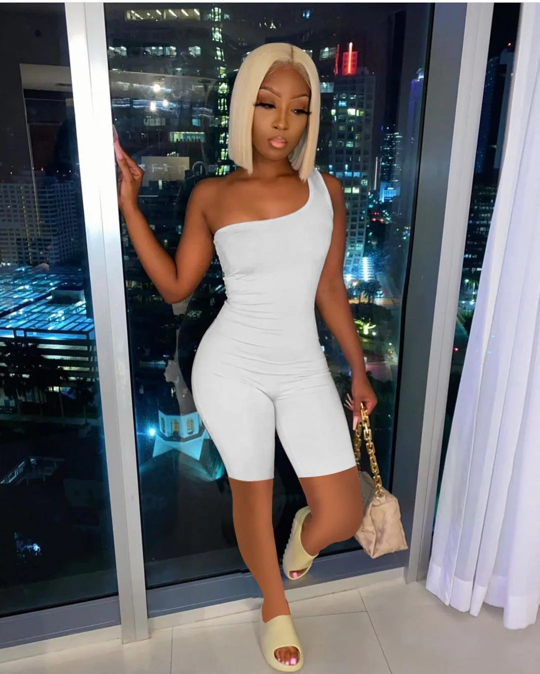 

Women Plus Size One Shoulder Solid Color Bodycon Romper