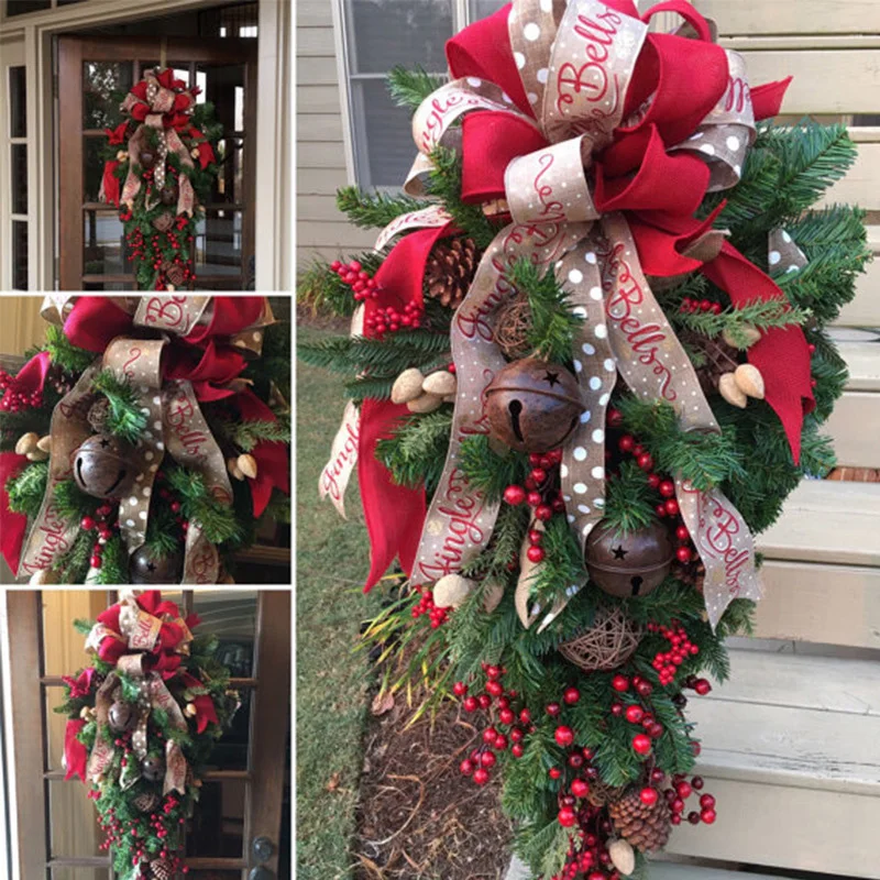Corona Roja con cintas, &aacute;rboles de pino, bayas, Vintage, decoraciones navide&ntilde;as, guirnalda para puerta y ventana-0