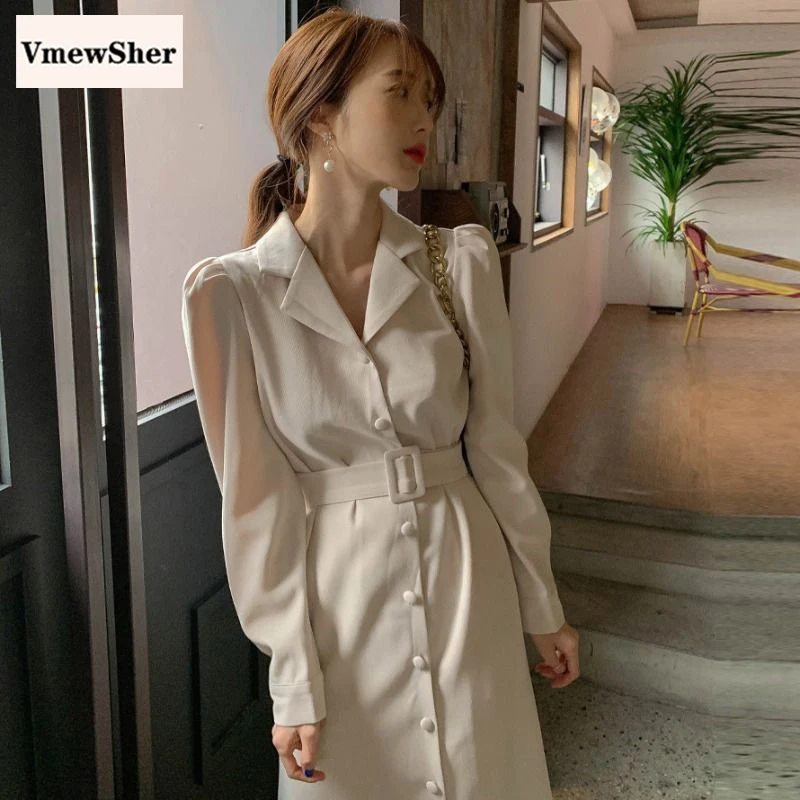 

VmewSher New Vintage Autumn Spring Women Dress Corduroy Long Sleeve Lady Elegant Notched Collar Trumpet Long Dresses with Belt