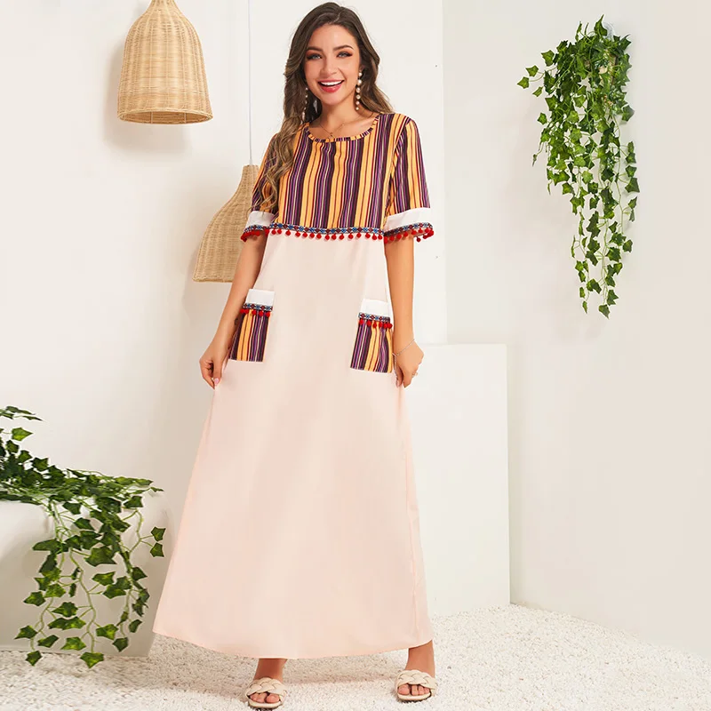 

Summer New Fashion Women's Temperament Round Neck Half Sleeve Striped Stitching Retro A-line Loose High Waist Dress