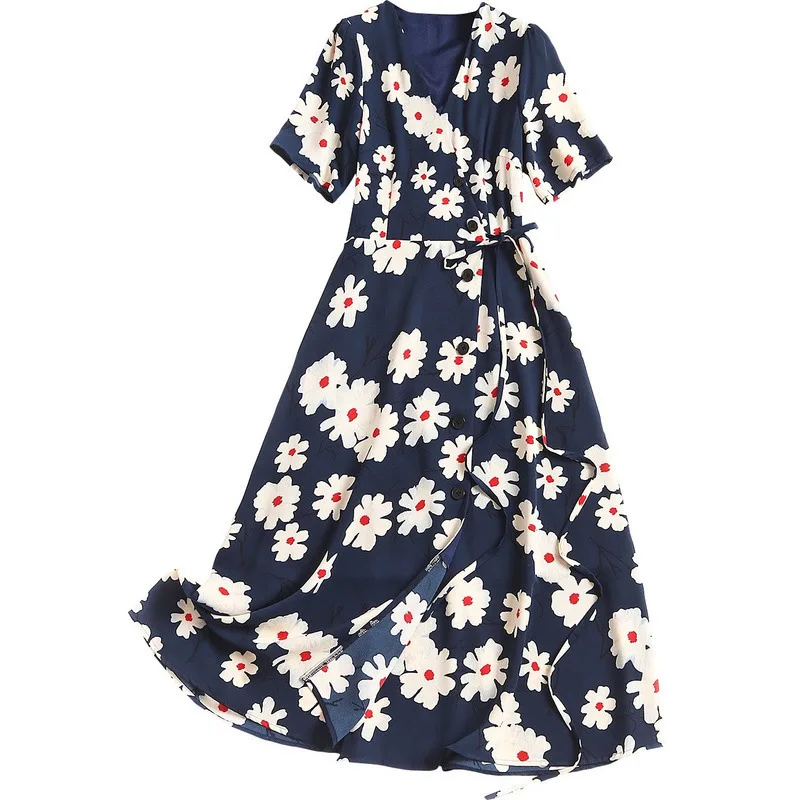 

Vestidos Floral Summer Dress V-Neck Short Sleeve Midi Elegant Women Chiffon Sashes Beach Sexy Female Flower Lace Up Jurken