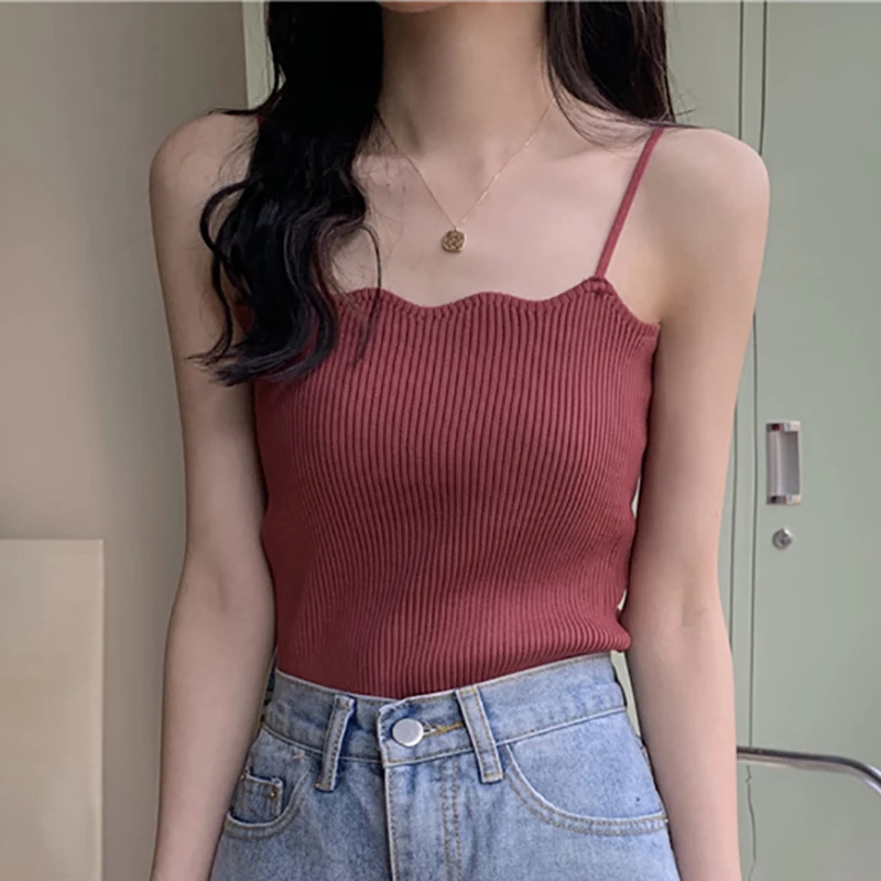 

Knitted Tank Tops Women Summer New Solid Basic Sleeveless Slim Thin Cropped Feminino Ruffles Short Casual Ribbed Camisole Female