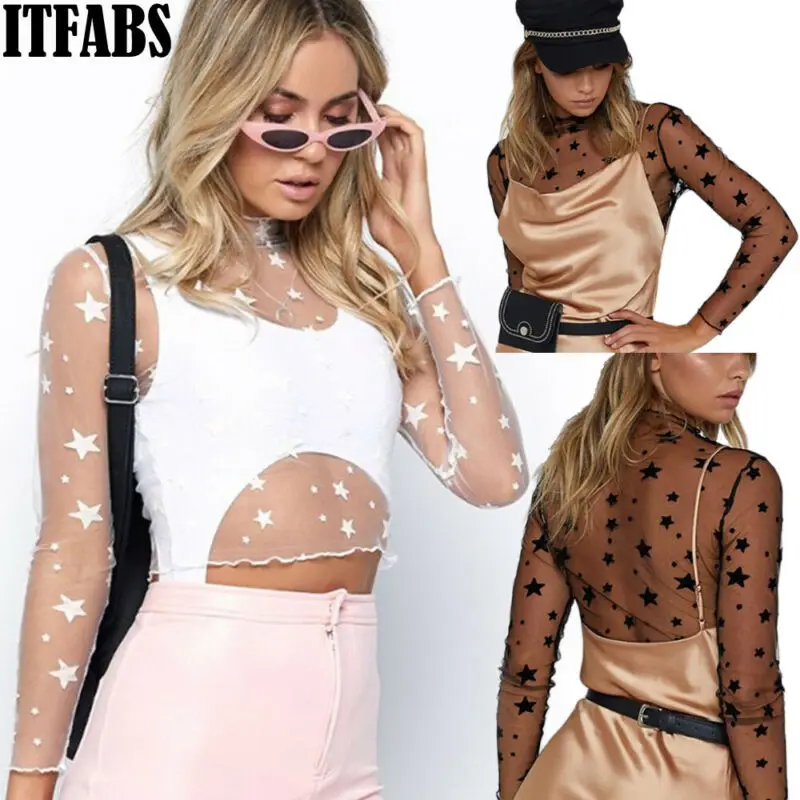 Женские кружевные рубашки с принтом звезд женские ажурные Короткие топы в сетку